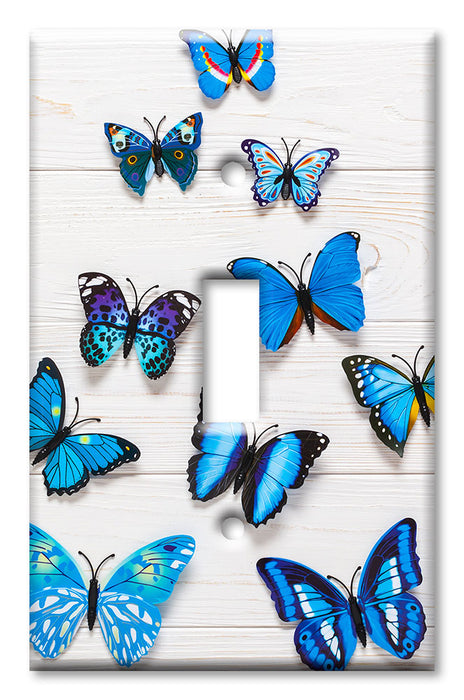 Decorative Printed Switch Plate - Electrical Switch Cover Wall Plate by Art Plates - Blue Butterflies on Wood