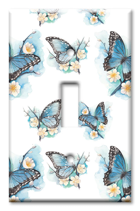 Decorative Printed Switch Plate - Electrical Switch Cover Wall Plate by Art Plates - Blue Butterflies on White Flowers