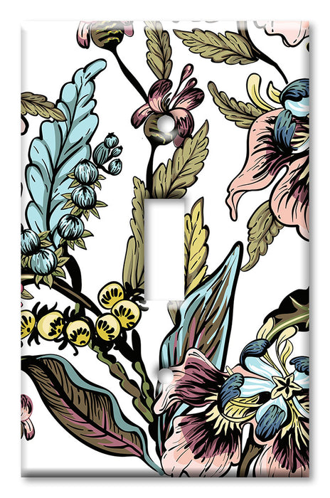 Decorative Printed Switch Plate - Electrical Switch Cover Wall Plate by Art Plates - Blue and Pink Flower Drawing