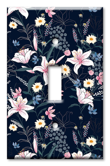 Decorative Printed Switch Plate - Electrical Switch Cover Wall Plate by Art Plates - Pink and White Flowers with Blue