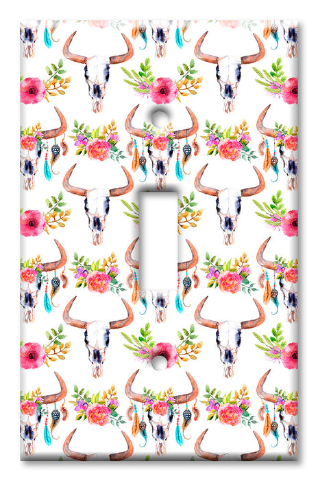 Decorative Printed OVERSIZED Switch Plate - Electrical Switch Cover JUMBO Wall Plate by Art Plates - Bull Skull and Flowers Toss
