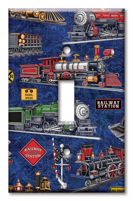 Decorative Printed OVERSIZED Switch Plate - Electrical Switch Cover JUMBO Wall Plate by Art Plates - Steam Locomotives (blue) - Image by Dan Morris