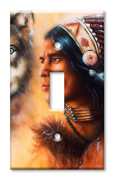 Decorative Printed OVERSIZED Switch Plate - Electrical Switch Cover JUMBO Wall Plate by Art Plates - Wolf and Indian Chief