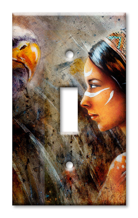 Decorative Printed OVERSIZED Switch Plate - Electrical Switch Cover JUMBO Wall Plate by Art Plates - Indian Woman and Eagle