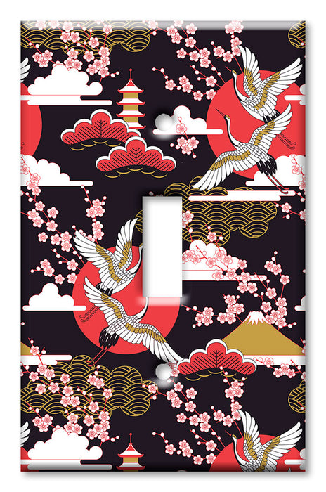 Decorative Printed OVERSIZED Switch Plate - Electrical Switch Cover JUMBO Wall Plate by Art Plates - Red, White and Gold Flying Cranes