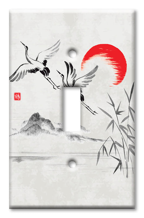 Decorative Printed Switch Plate - Electrical Switch Cover Wall Plate by Art Plates - Cranes Flying by the Sun Drawing