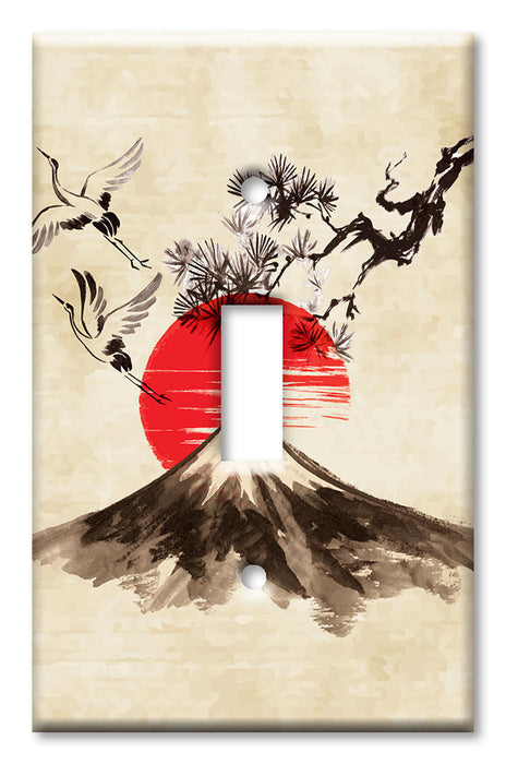 Decorative Printed OVERSIZED Switch Plate - Electrical Switch Cover JUMBO Wall Plate by Art Plates - Cranes Flying Over a Volcano Drawing