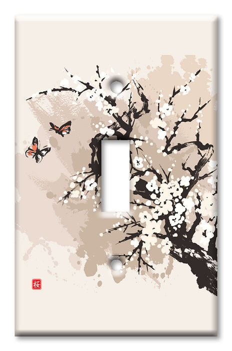 Decorative Printed OVERSIZED Switch Plate - Electrical Switch Cover JUMBO Wall Plate by Art Plates - Cherry Blossoms and Butterflies