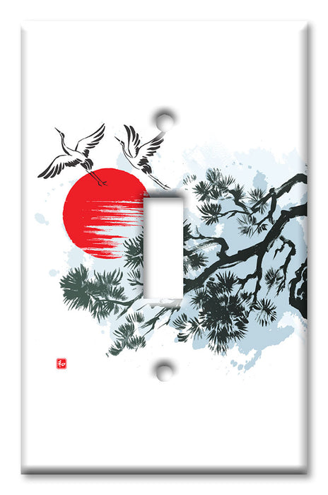 Decorative Printed OVERSIZED Switch Plate - Electrical Switch Cover JUMBO Wall Plate by Art Plates - Cranes Flying by a Tree Drawing