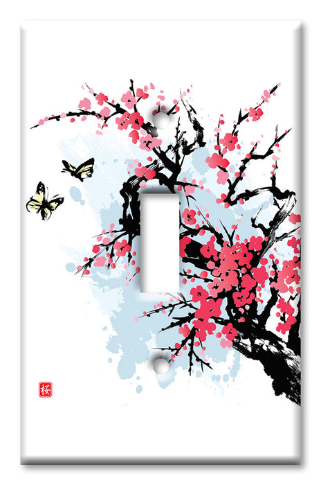 Decorative Printed OVERSIZED Switch Plate - Electrical Switch Cover JUMBO Wall Plate by Art Plates - Pink Cherry Blossoms and Butterflies