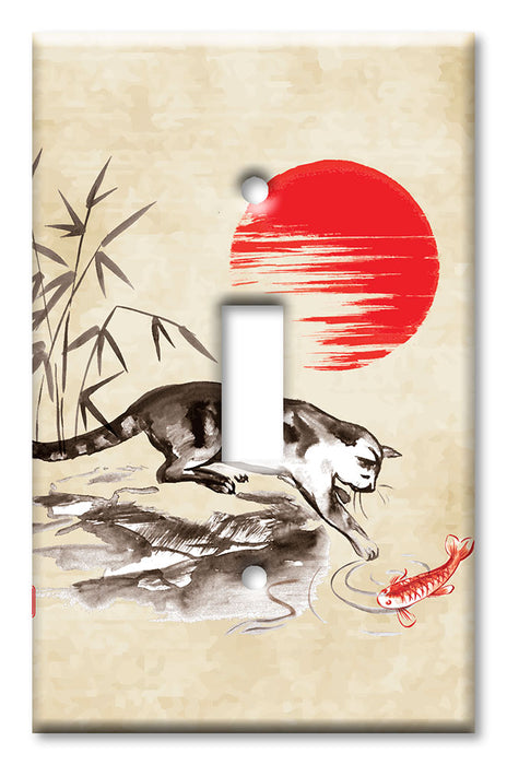 Decorative Printed OVERSIZED Switch Plate - Electrical Switch Cover JUMBO Wall Plate by Art Plates - Cat and Koi Drawing