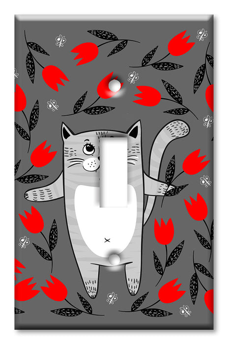 Decorative Printed Switch Plate - Electrical Switch Cover Wall Plate by Art Plates - Gray Cat with Red Flowers