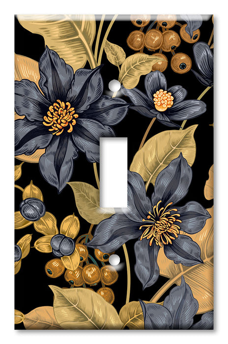 Decorative Printed Switch Plate - Electrical Switch Cover Wall Plate by Art Plates - Black and Gold Flowers