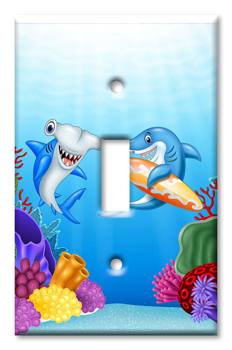 Decorative Printed OVERSIZED Switch Plate - Electrical Switch Cover JUMBO Wall Plate by Art Plates - Friendly Sharks