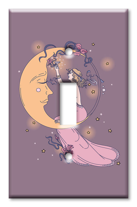 Decorative Printed OVERSIZED Switch Plate - Electrical Switch Cover JUMBO Wall Plate by Art Plates - Moon and Woman with Purple Background