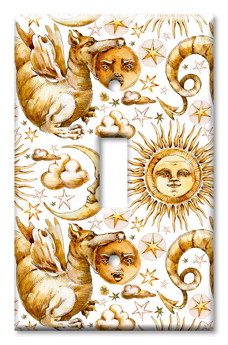 Decorative Printed OVERSIZED Switch Plate - Electrical Switch Cover JUMBO Wall Plate by Art Plates - Golden Moon, Sun and Dragon