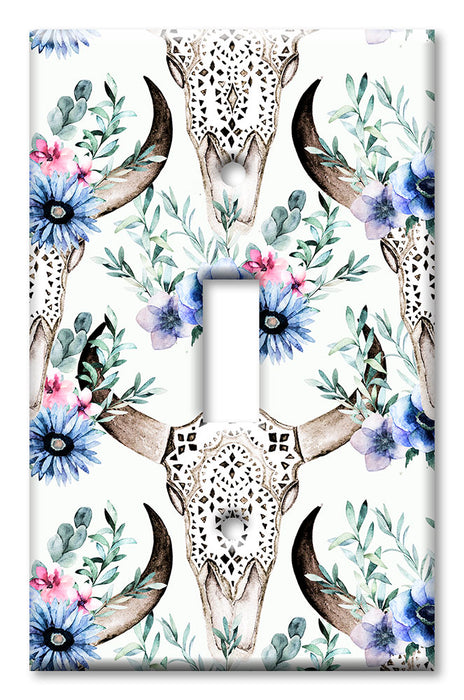 Decorative Printed OVERSIZED Switch Plate - Electrical Switch Cover JUMBO Wall Plate by Art Plates - Bull Skull and Blue Flowers