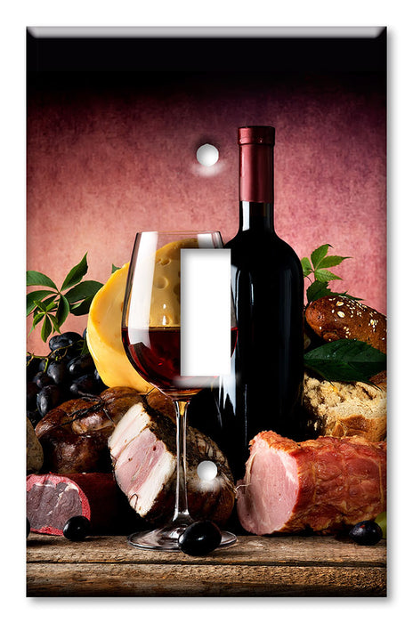 Decorative Printed OVERSIZED Switch Plate - Electrical Switch Cover JUMBO Wall Plate by Art Plates - Red Wine with Meat and Cheese