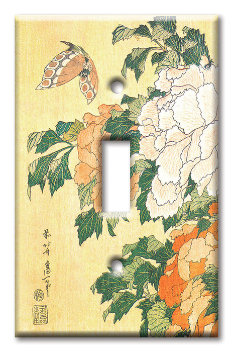 Decorative Printed OVERSIZED Switch Plate - Electrical Switch Cover JUMBO Wall Plate by Art Plates - Hokusai: Peonies and Butterfly