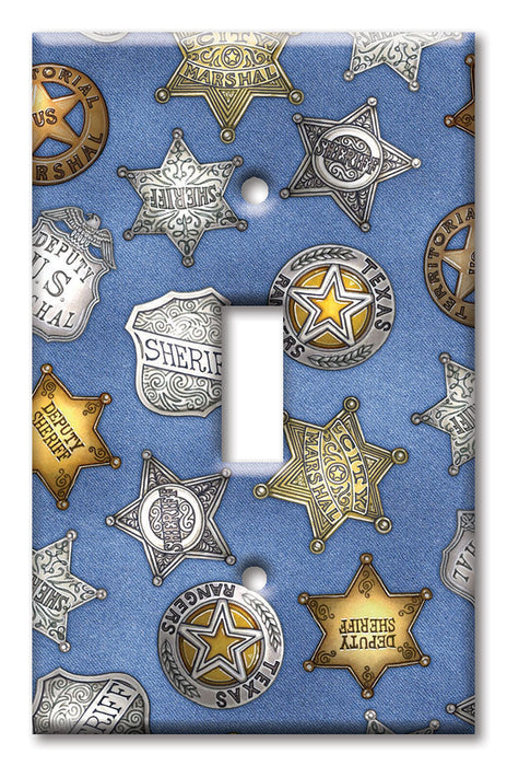 Decorative Printed OVERSIZED Switch Plate - Electrical Switch Cover JUMBO Wall Plate by Art Plates - Sheriff Badges (Denim) - Image by Dan Morris