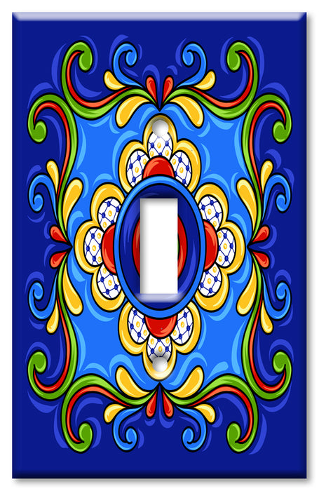 Decorative Printed Switch Plate - Electrical Switch Cover Wall Plate by Art Plates - Dark Blue Mexican Talavera Tile Print