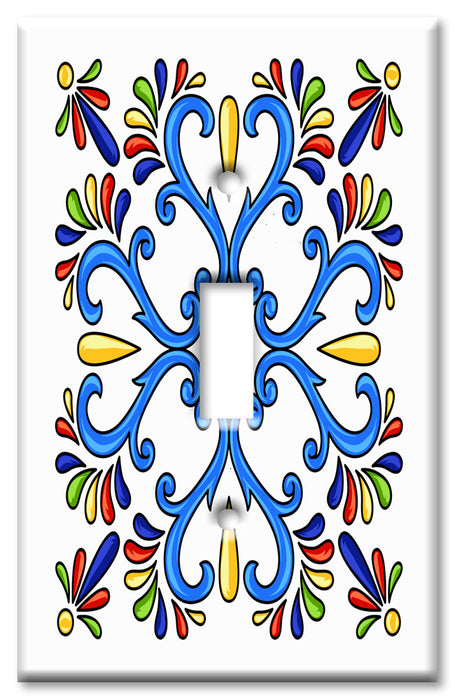 Decorative Printed OVERSIZED Switch Plate - Electrical Switch Cover JUMBO Wall Plate by Art Plates - White / Blue Mexican Talavera Tile Print