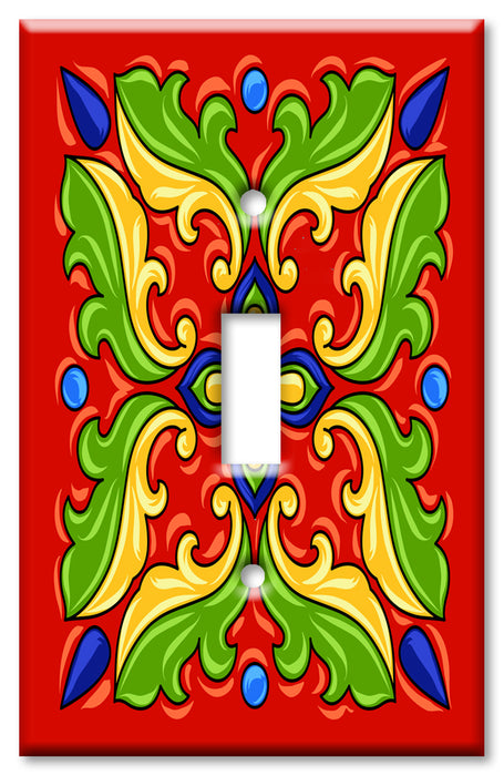 Decorative Printed OVERSIZED Switch Plate - Electrical Switch Cover JUMBO Wall Plate by Art Plates - Red / Green Mexican Talavera Tile Print